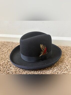 Capas Design Godfather Hat Large Black 100% Wool Feather Trim Made in USA Mens